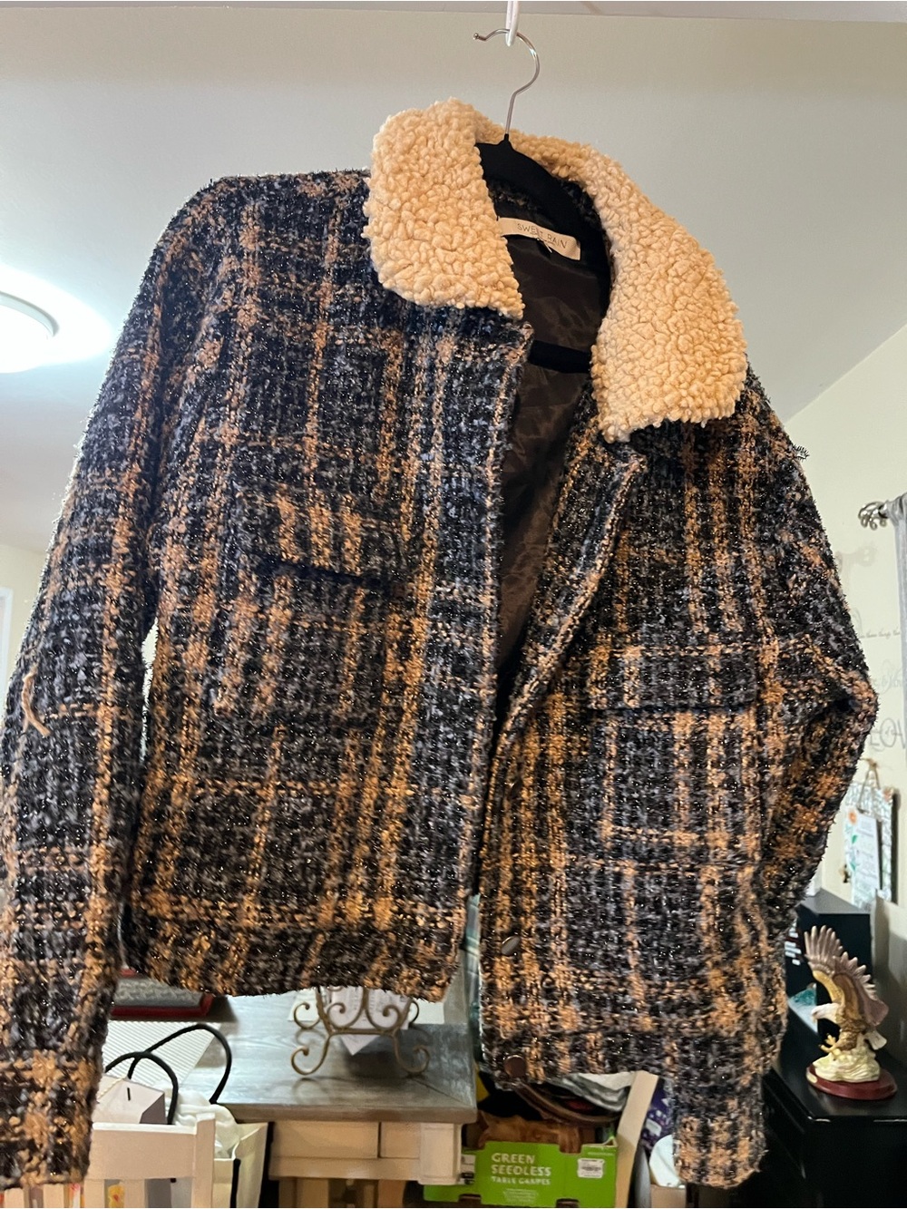 Sweet Rain Jacket with Sherpa Collar - Black & Cream large